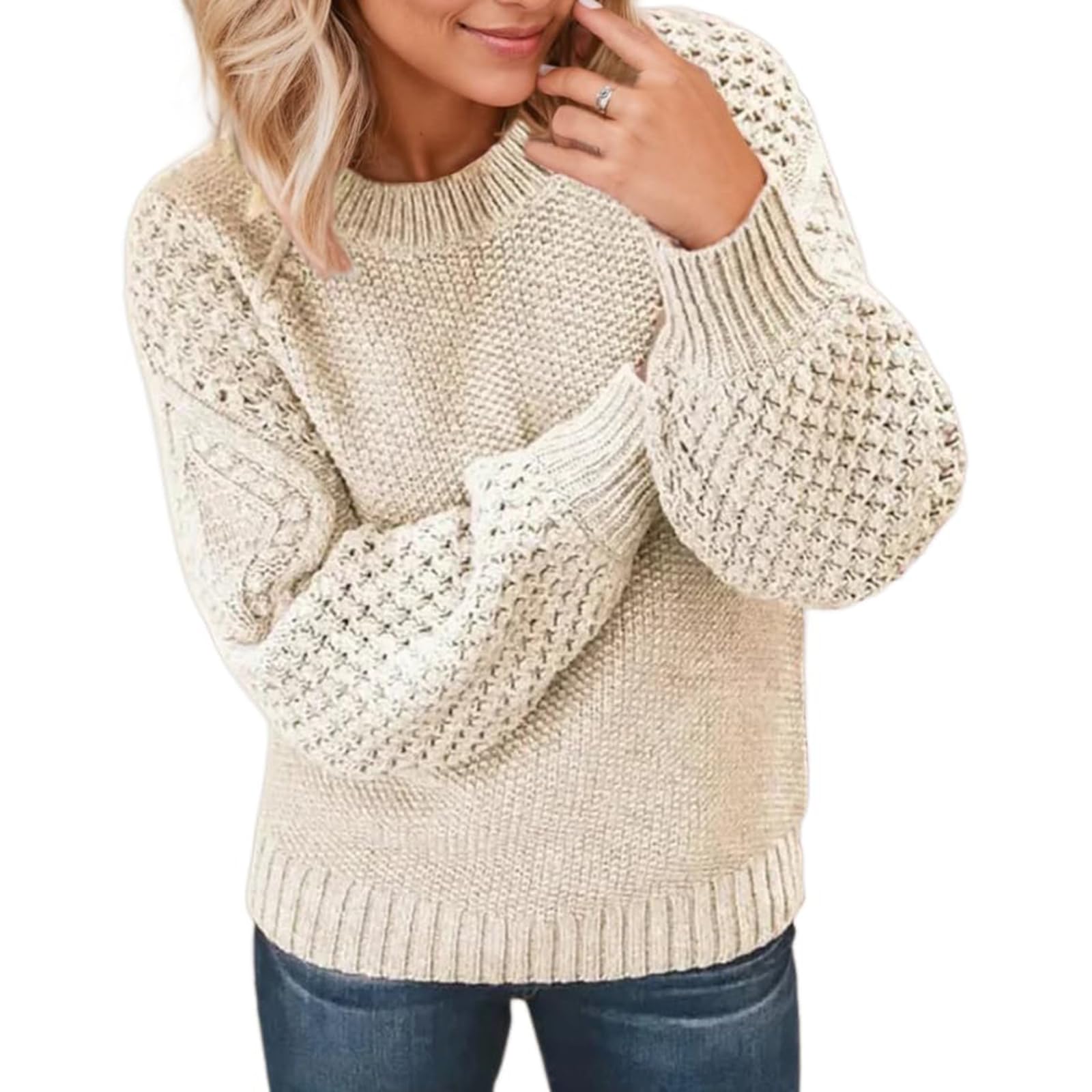 Womens Cable Knit Pullover Long Sleeve Round Neck Loose Fit Polyester Sweater for Casual Outing Long Sleeve Crewneck K Beige