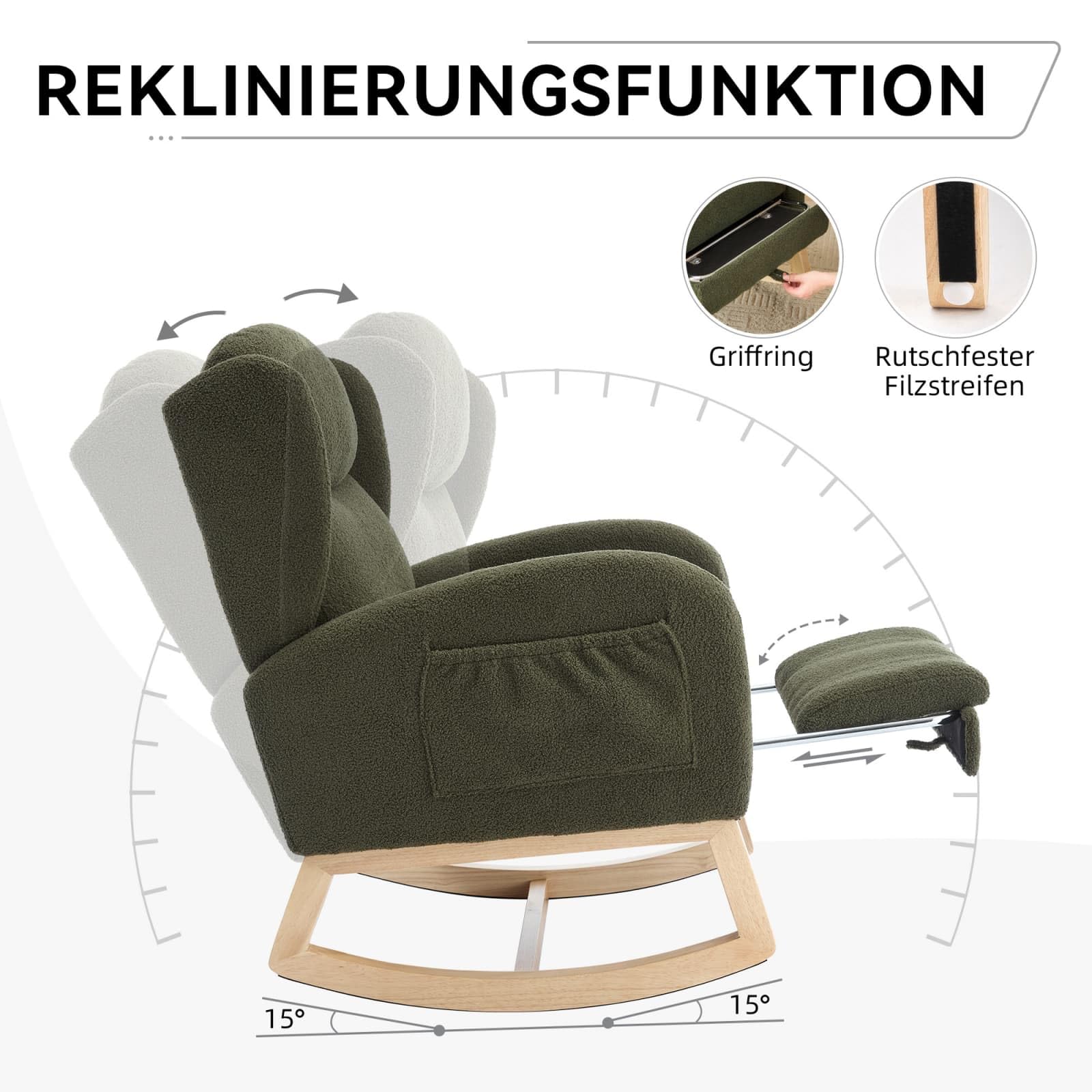 KOMHTOM Fauteuil à Bascule avec Repose-Pieds Escamotable, Rocking Chair avec Structure en Bois, Fauteuil Lounge, Poche de Rangement Latérale (Vert)