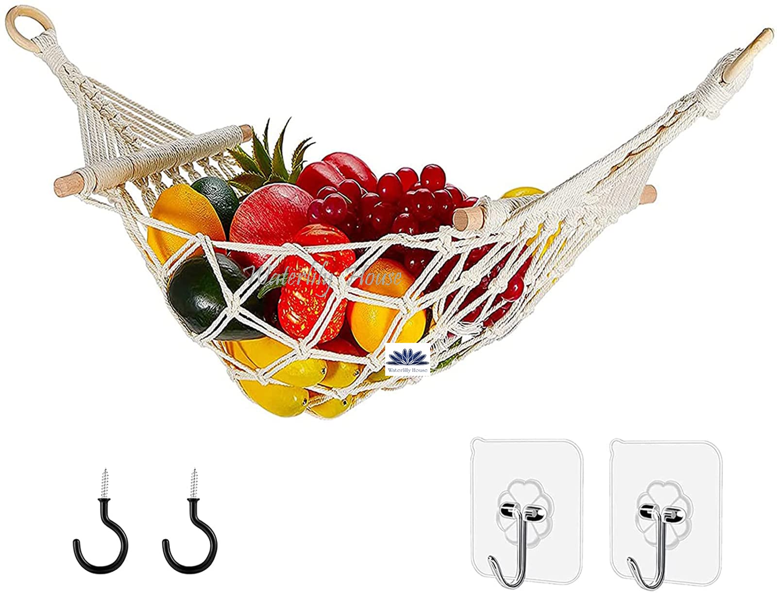 Waterlily House - Macrame Fruit Hammock Basket for Hanging Fruit Vegetables Snacks, Handwoven Cotton Hammocks Under Cabinet, Kitchen Storage Decor.(Size:12 inch * 28 inch)-image-7