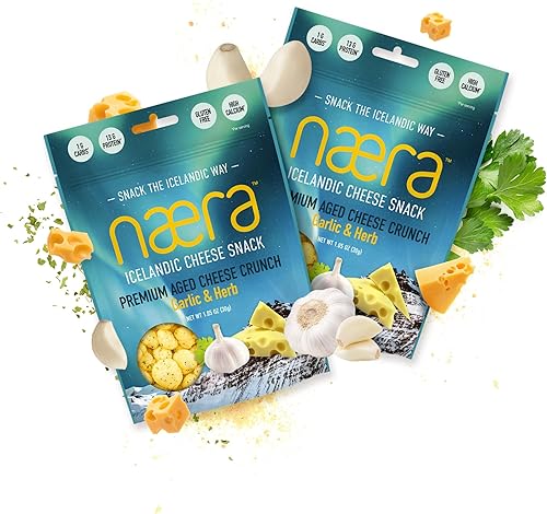 Næra Islandés - Aperitivo de ajo y hierbas 100% de queso envejecido de primera calidad, apto para dieta cetogénica, sin gluten, aperitivos altos en