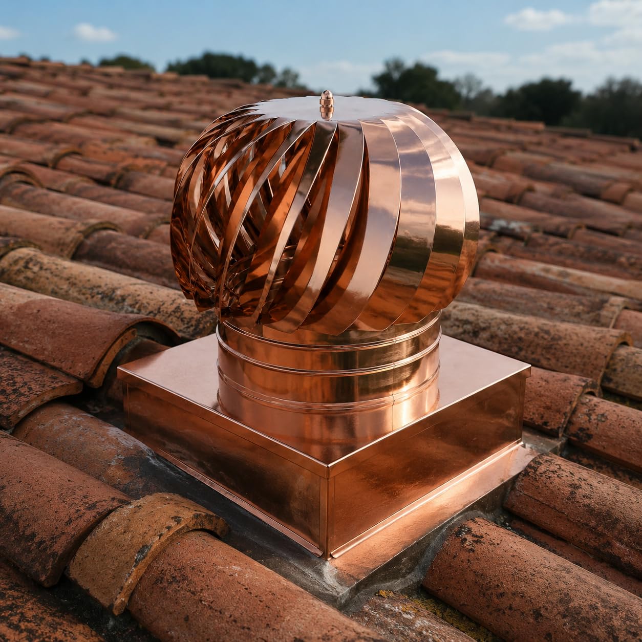 MAKA Comignolo Eolico Quadro Aspirante, Cappello Eolico per Aerazione ed Espulsione Aria, Terminale Girevole in Acciaio, Aspiratore Eolico Base Quadra (Rame, 370x370 mm)