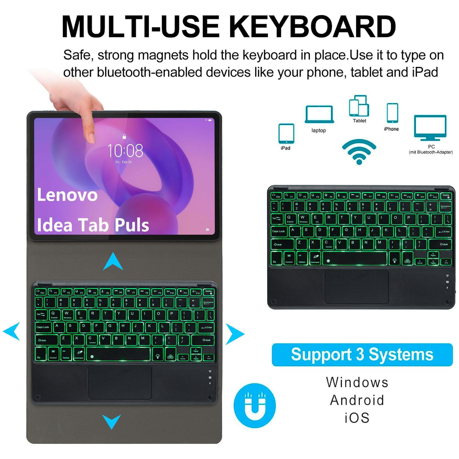 Custodia con Tastiera per Lenovo Idea Tab Plus 12,1 Pollici/Tab K12 2025 (TB361ZU/TB361FU), Tastiera Touchpad Staccabile Retroilluminata 7 Colori, Cover Ultrasottile con Mouse,Nero