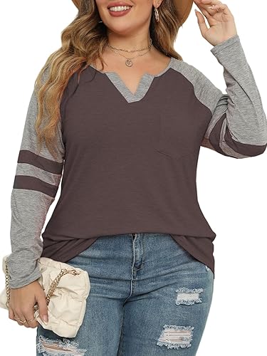 VISLILY Camisetas de manga larga con cuello en V para mujer, camisetas raglán de talla grande