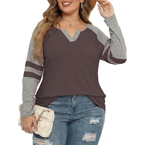 VISLILY Plus-Size Tops for Women Long Sleeve V Neck T Shirts Raglan Tees