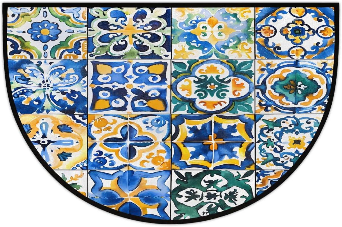 Ethnic Mexican Tile Half Round Door Mat Indoor Entrance Low Pile Non Slip Absorbent Semi Circle Welcome Mats Doormats 36x24 in Floor Mats for Home Kitchen
