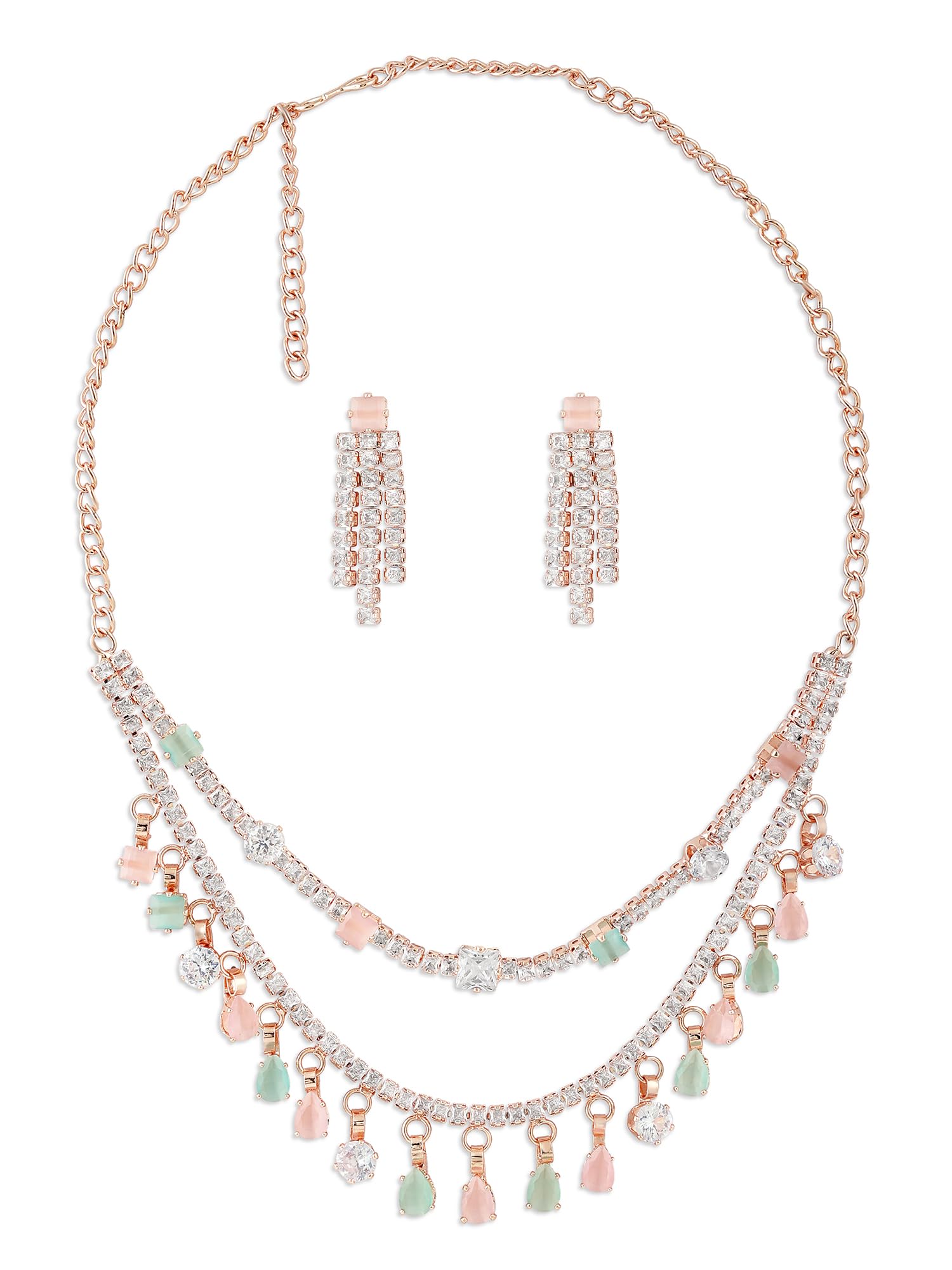 ZAVERI PEARLS Pink & Mint Green Dazzling Danglers Layered Necklace & Earring Set For Women-ZPFK17201 (B0CSSYVQ41) Amazon Price History, Amazon Price Tracker