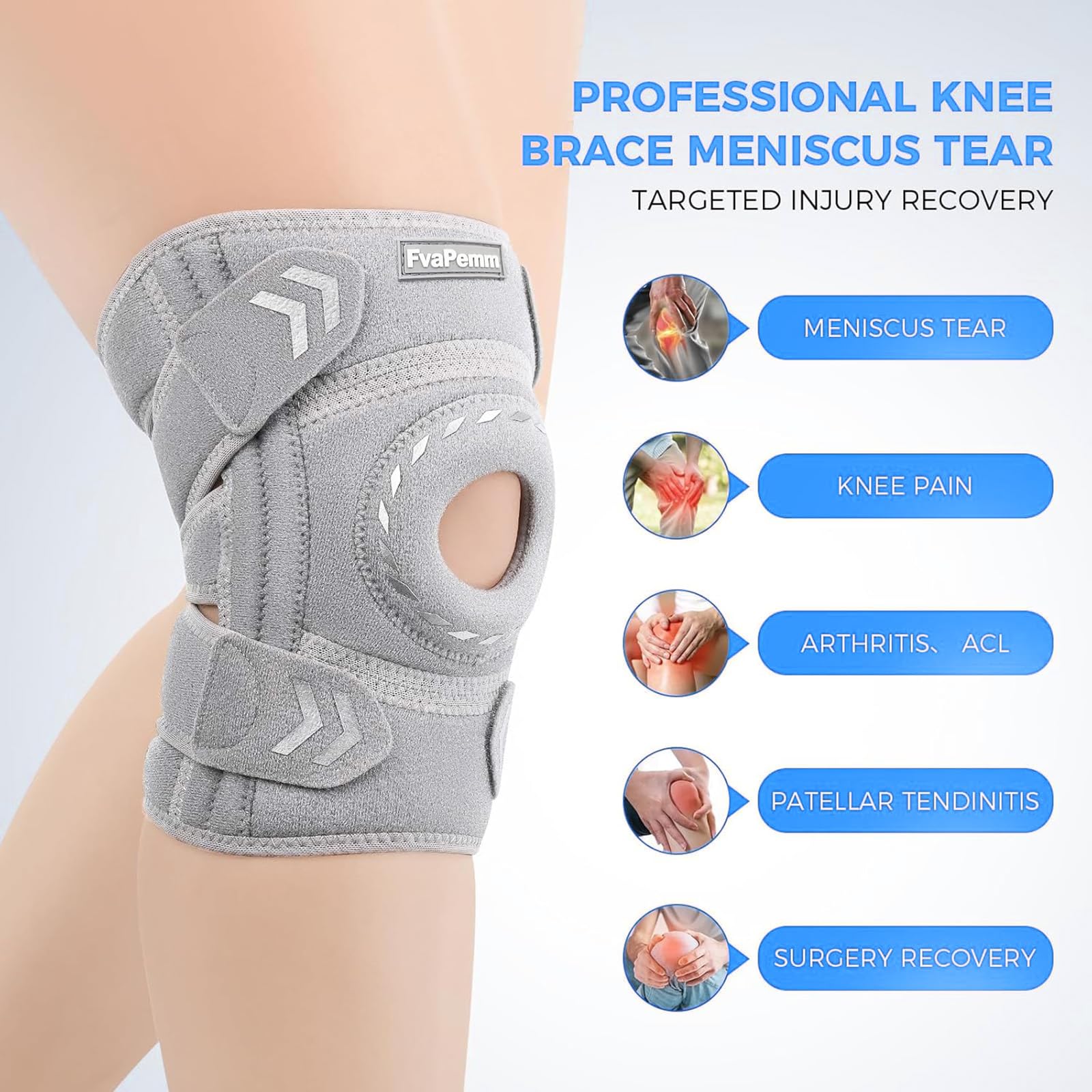 Knee Support Brace for Women Men, Adjustable Knee Compression Brace with Side Stabilizer Patella Pad Tendon, Knee Brace for Meniscus Tear, Arthritis Pain, Injury Recovery, Running, Workout, Gray, One Size — view 2