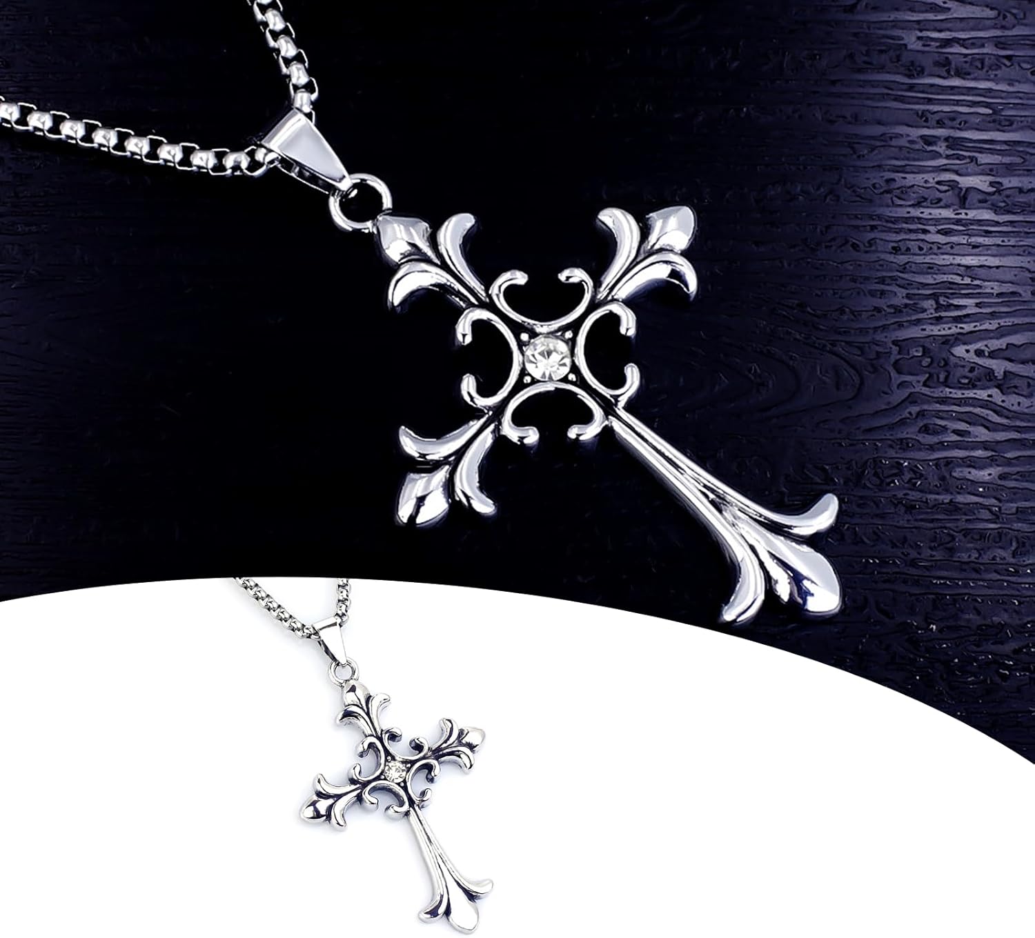 Gothic Cross Necklaces, Silver Stainless Steel Cross Pendant Necklace with Diamond Embellishment Emo Punk Necklace Y2K Jewelry for Women Men - Image 3