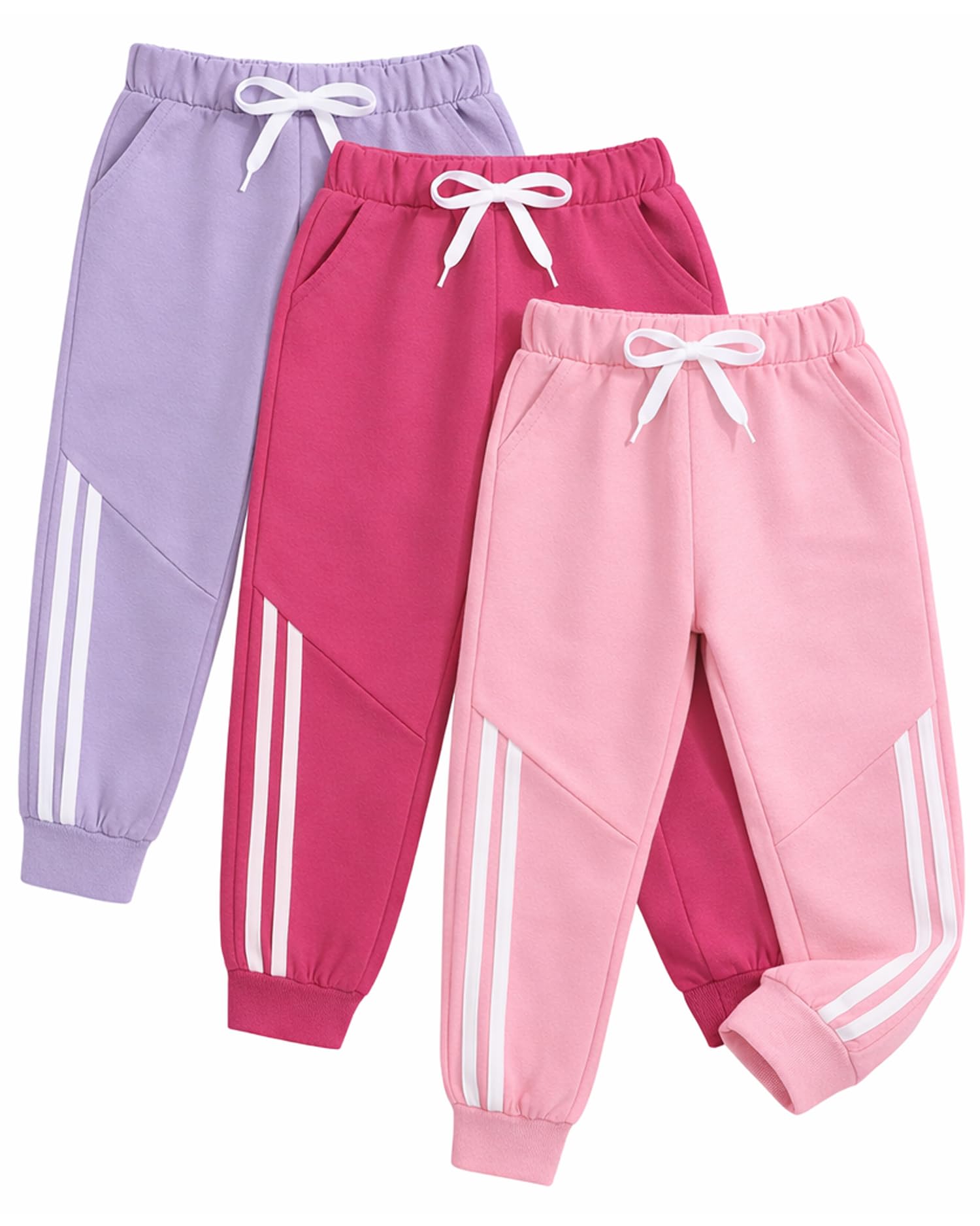 Kuchipoo Girls Cotton Jogger Pants with Side Stripe Design, Elastic Waist & Drawstring – Soft & Comfortable Track Pants for Kids – Pack of 3-image-14