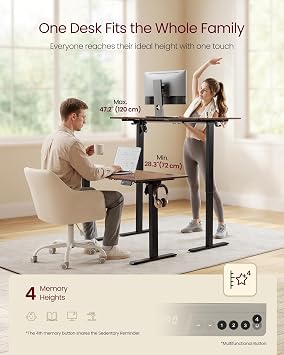 VASAGLE Electric Standing Desk, Height Adjustable Desk, Sedentary Reminder, 4 Memory Heights, for Home Office, 120 x 60 cm, Rustic Brown LSD312KD01