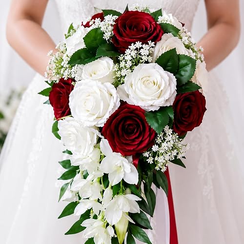 ChezMax Wedding Bridal Bouquet, Bride Artificial Rose Flowers with Ribbons,
