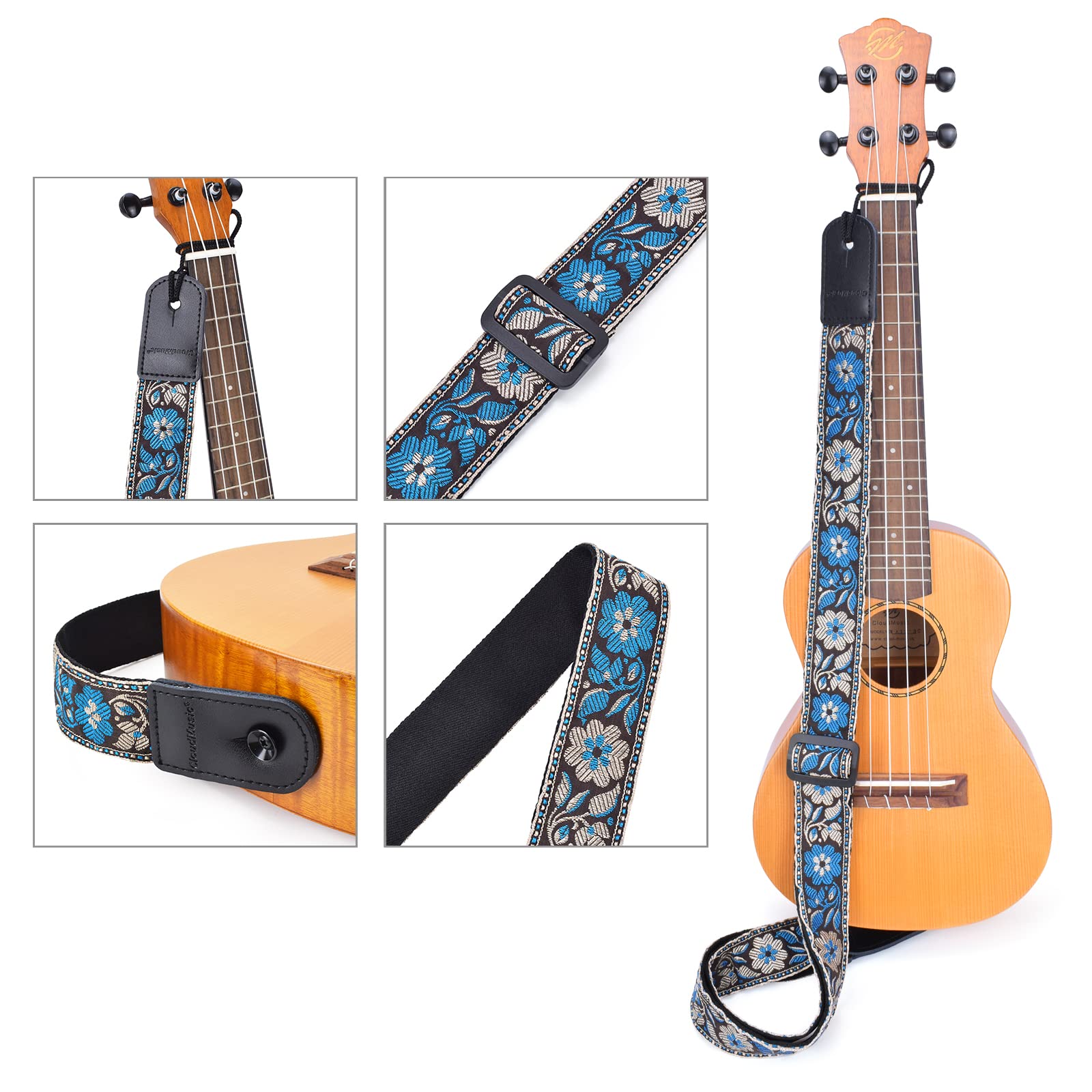 CloudMusic Wysokiej jakości regulowany pasek ukulele Hootenanny w stylu hootenanny wytrzymały bawełniany i prawdziwa skóra łatwe wkręcanie końcówka i koronkowy krawat 132 cm x 4 cm artystyczny kwiat wzór