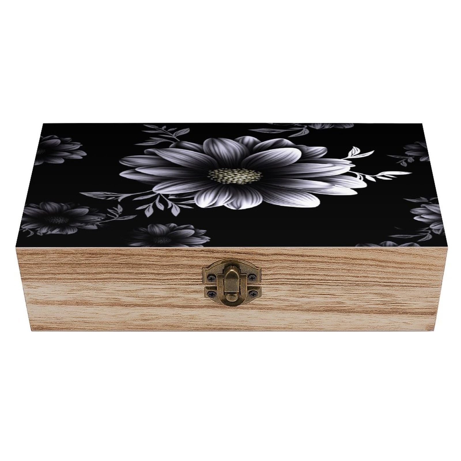 JTREHY Black With Flower Wooden Keepsake Box Vintage-Style Wood Keepsake Case with Hinged Lid Solid Wood Boxes Beautifully Memory Treasure Case Vintage-Style Wooden Storage Box