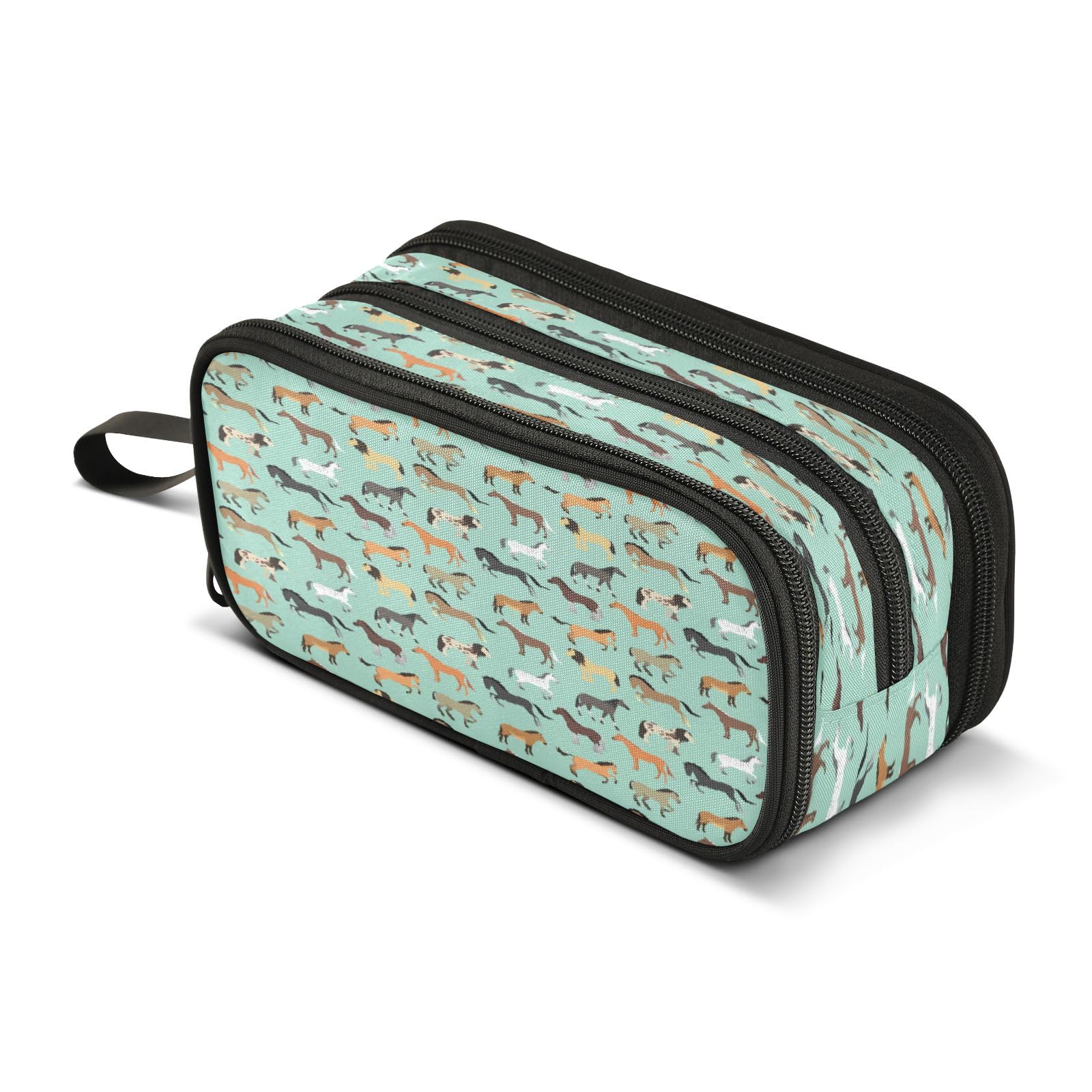 Cartoon Horse Animal Pencil Case 3 Compartment Pen Bag Pouch Holder Box School Portable Stationery Storage Bag for Girls Boys