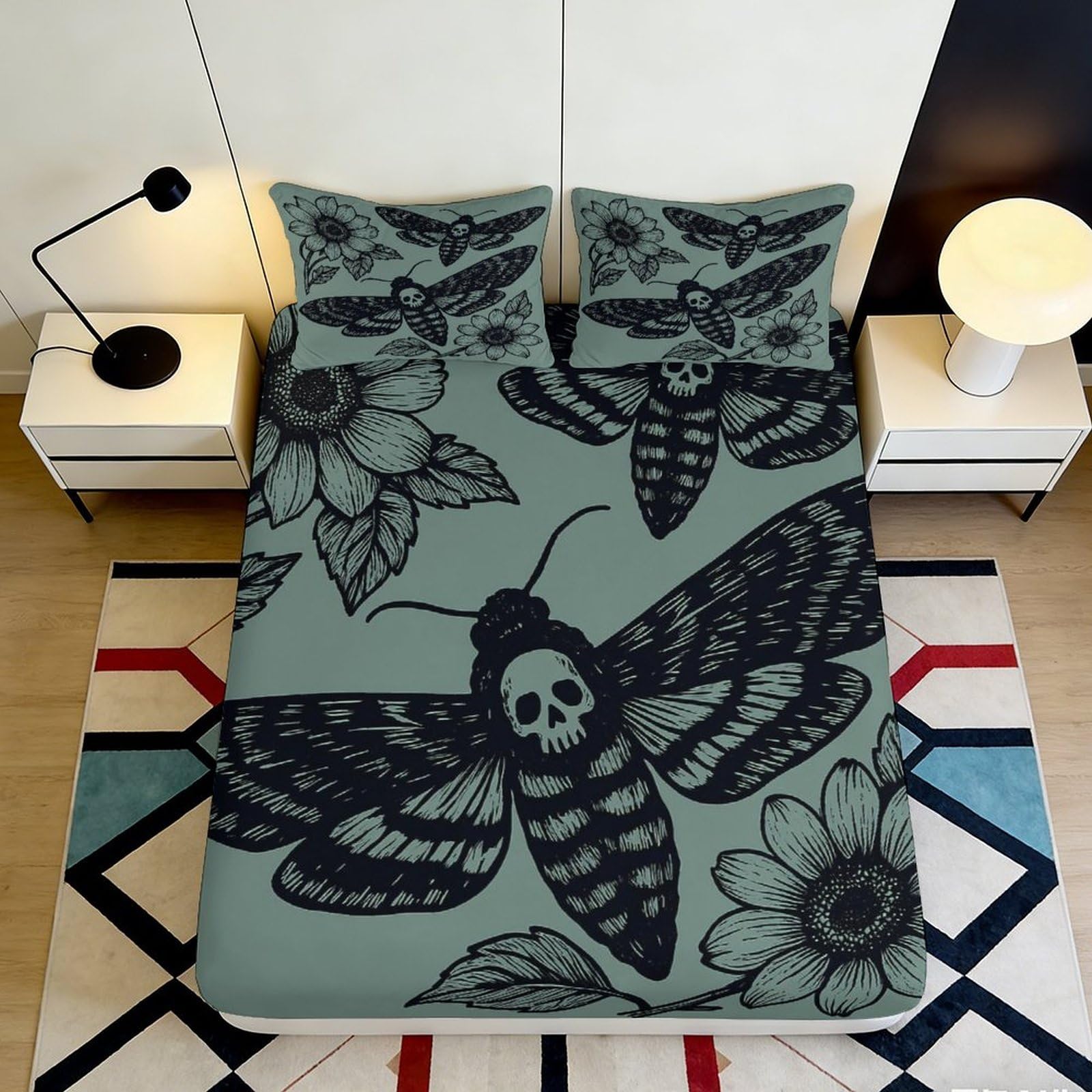 3D Printed skull moth Fitted Sheet, Microfiber soft touch, wrinkle resistant, bedroom decor, guest room bedding, anti-slip, easy to remove, stylish accent, protects mattress, washable 200x200x25cm