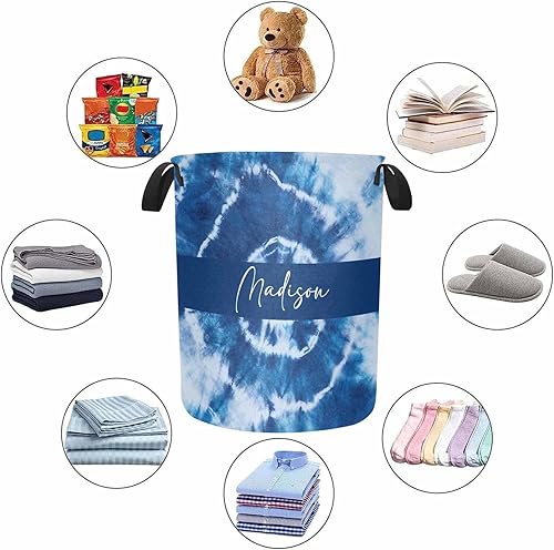 Miniatura 4 de Cestas de lavandería personalizadas de teñido anudado azul con nombretexto para habitación de adolescentes y niñas, cesta de ropa sucia para
