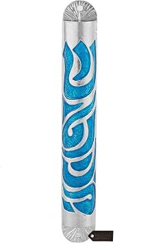 Matashi Hand Painted Blue Enamel 6 inch Mezuzah Embellished with Hebrew Shin Home Door Wall Decor Home Decor Jewish Holiday Housewarming Present House Blessing Gift for Holiday Festival