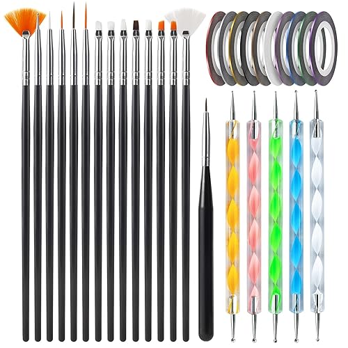 Artdone Nail Art Brushes set,Nail Art Tool Set,Nail Dotting Tools,Nail Dust Brush,Striping Nail Art Brushes for Long Lines,Nail Drawing Pen For Nail Design.⌠- 20pcs Black