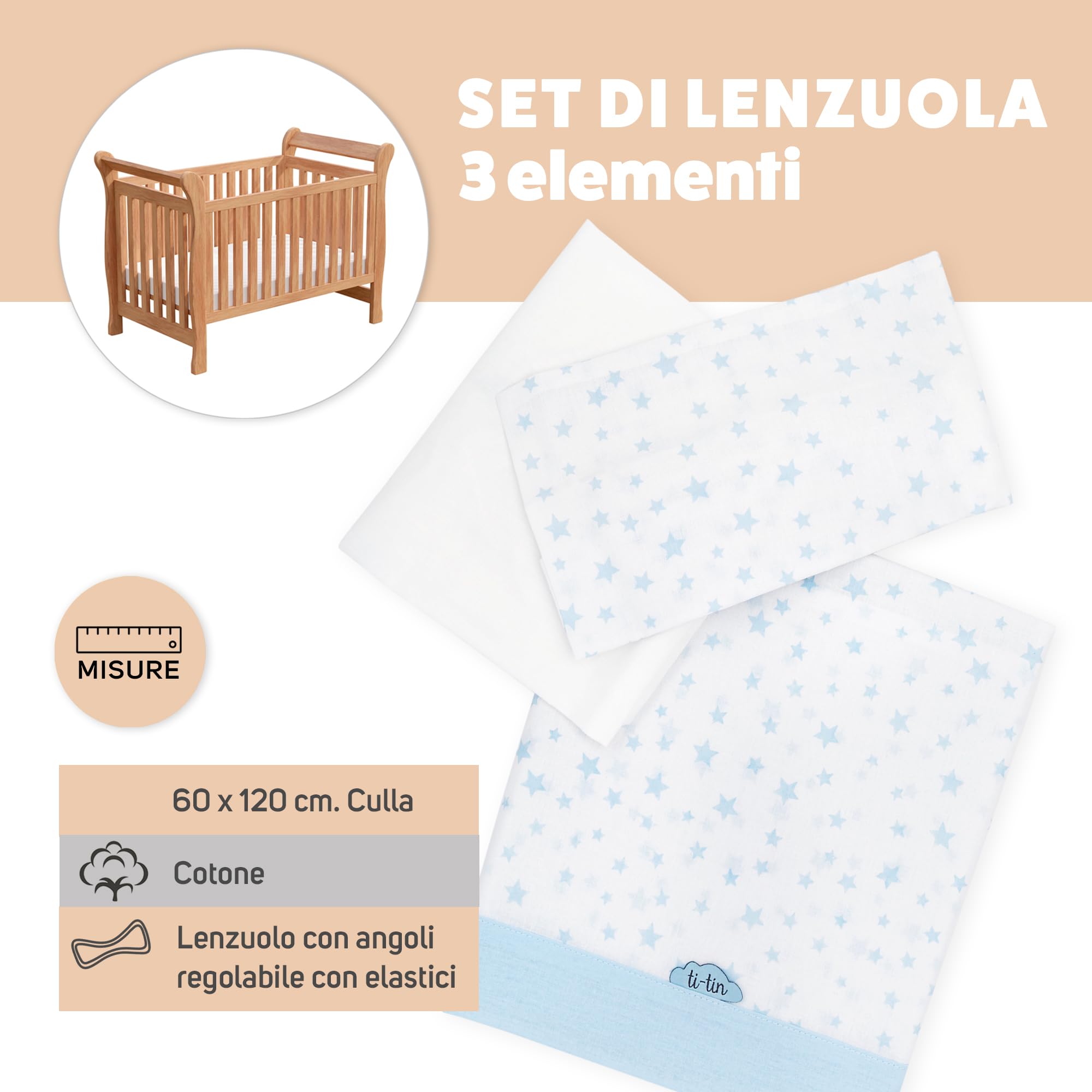 Ti TIN | Set Per Culla con Lenzuolo con Angoli, Lenzuolo, Federa, 100% Cotone | Set di 2 Lenzuola e 1 Federa | 60x120 cm