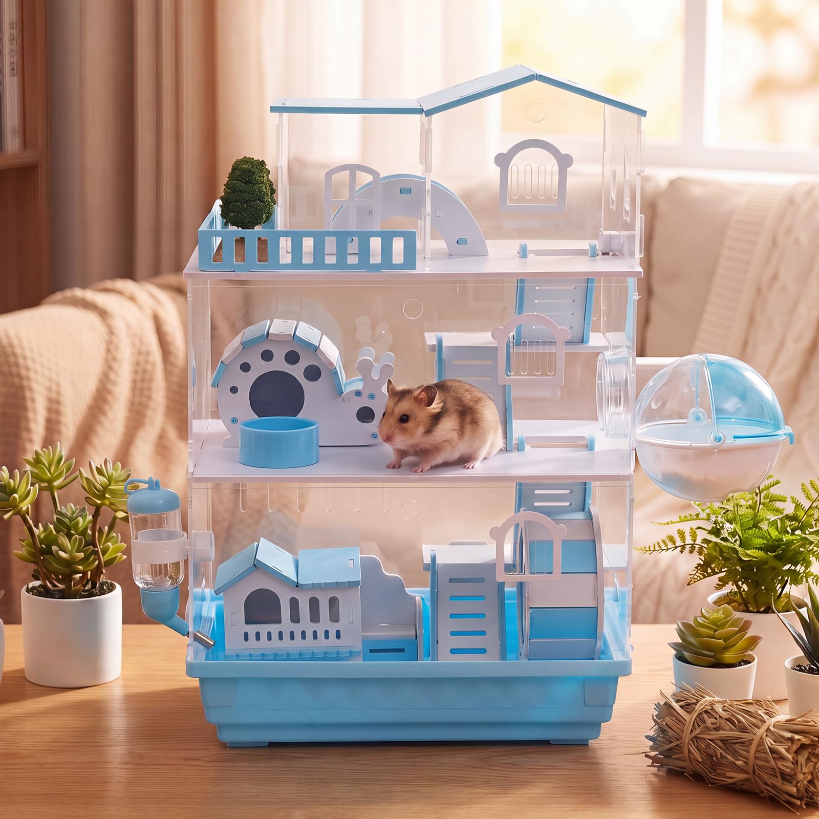 Eccliy Cage pour hamster 15 en 1 en acrylique transparent à 3 couches avec tous les accessoires, 50,8 x 34,7 x 25,4 cm, connexion magnétique, cage à souris de style jardin pour animaux domestiques