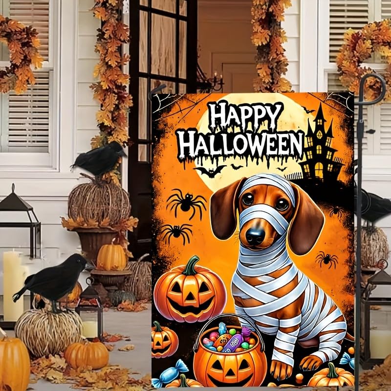 Image of BlissYard Halloween Trick or Treat Garden Flag,Halloween Garden Flag with Mummy Dachshund and Pumpkins,halloween garden flags for outside, 12x18 Inch Festive Yard Decoration