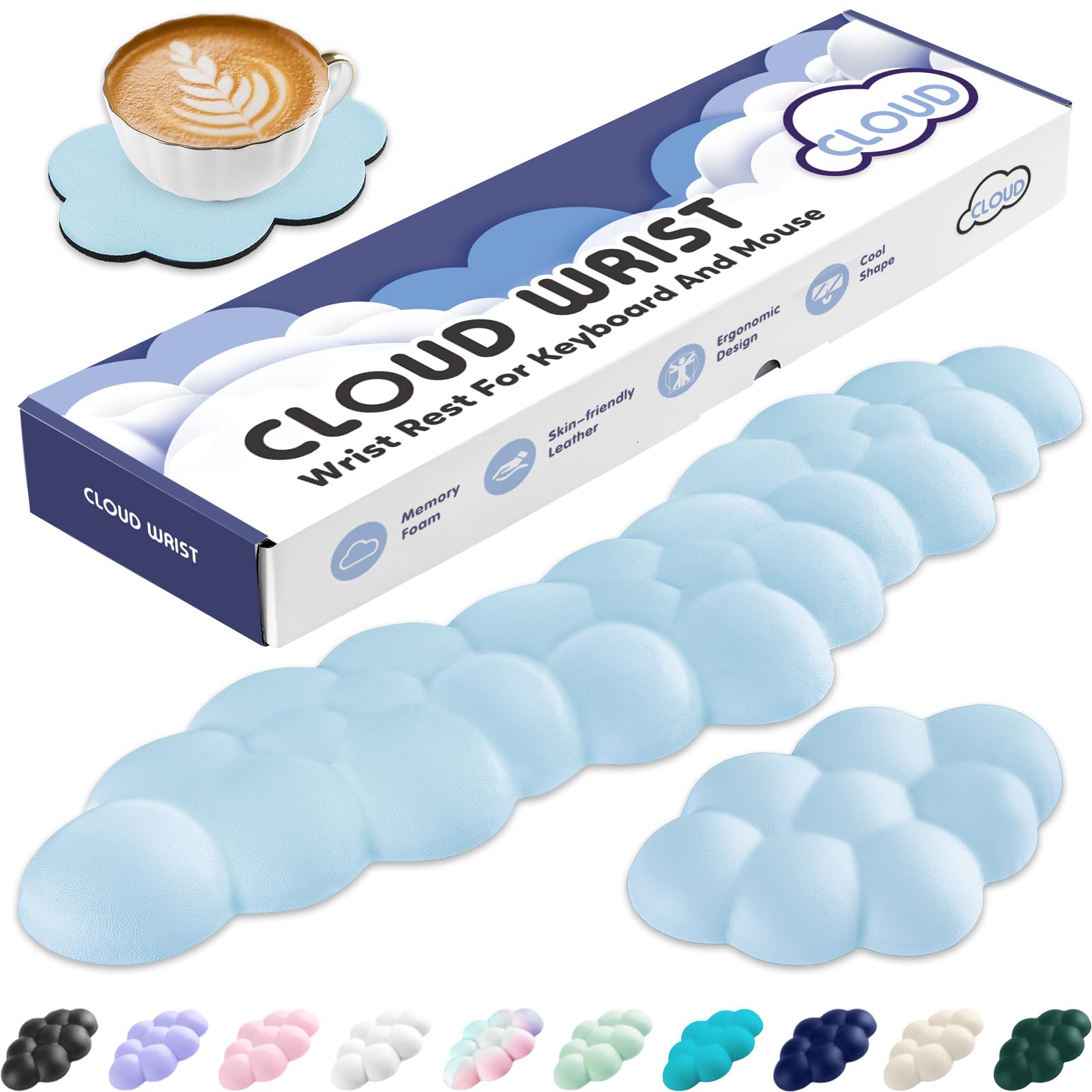 Sushret Handballenauflage Tastatur Wolke, Ergonomisches Handauflage Tastatur Wolke Mit PU Leder Memory Schaum, Cloud Wrist Rest, Niedliche Wolken Handgelenkstütze Maus Für PC Gaming Zubehör – Blau