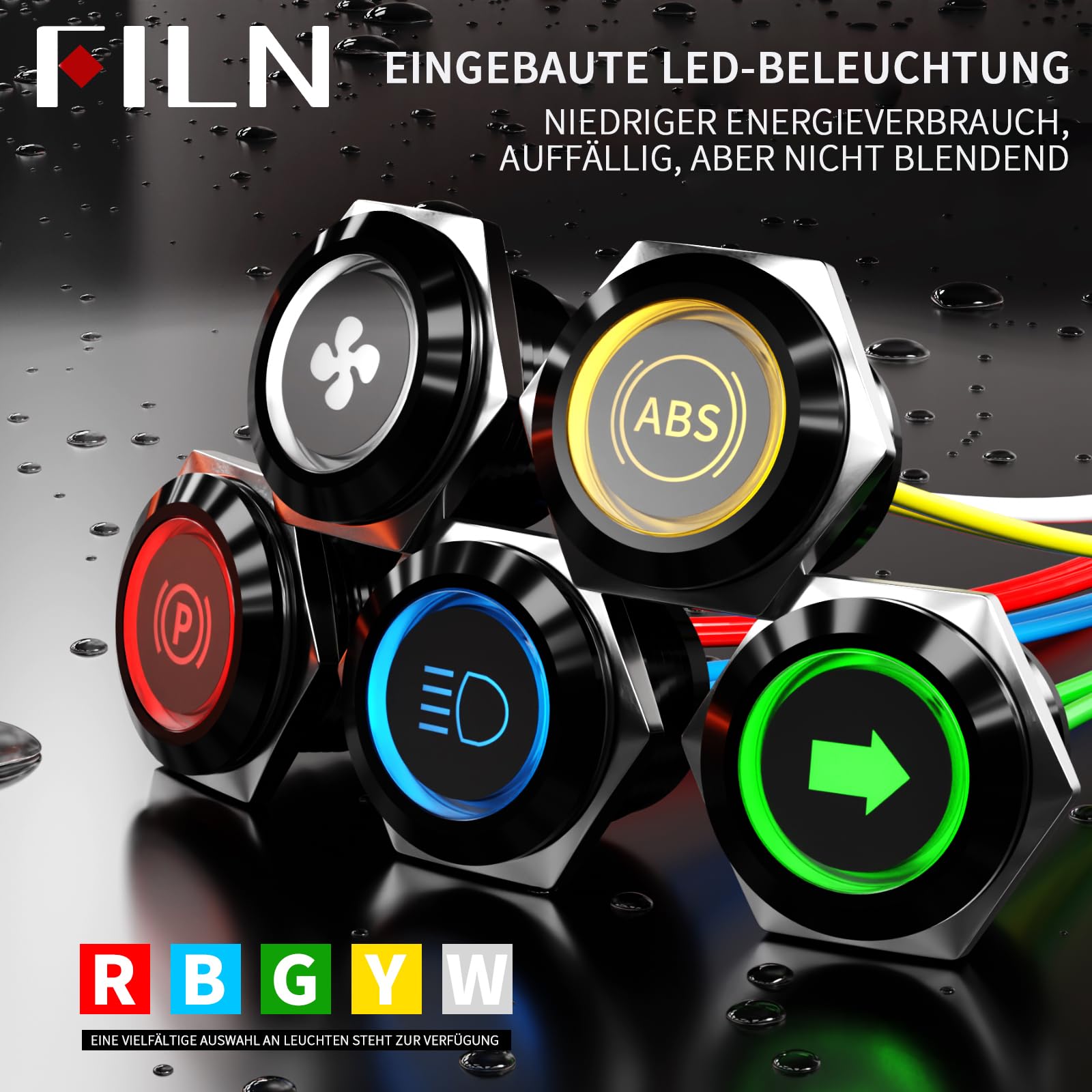 2Stück 19mm LED Kontrollleuchte Signallampe IP67 Metallgehäuse，185 wechselbare Symbole 12-24V DC，polaritätsunabhängig für Schaltschrank, Industrie, Marine, Wohnmobil（Rot）