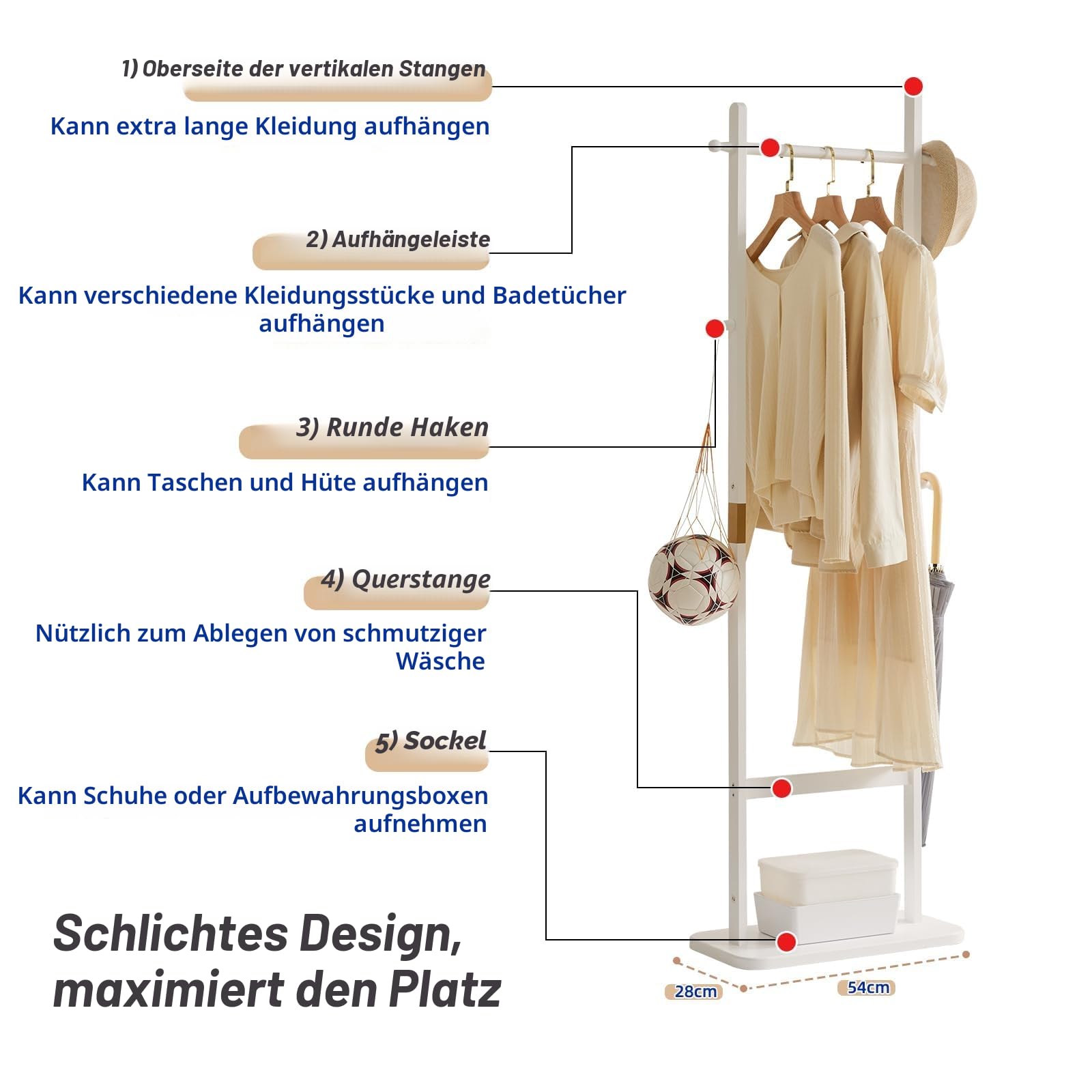 Aibiju Garderobenständer 180 cm mit Rechteckigem Sockel und 5 Haken, Kleiderständer Massivholz, sehr Stabiler Garderobenständer für Wohnzimmer Schlafzimmer Büro, Weiß YD-201