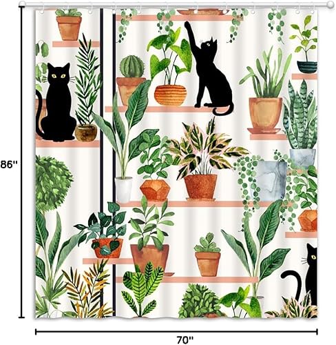 Miniatura 9 de Cortina de ducha con diseño de plantas y gatos, diseño de gatito negro, diseño bohemio, hojas verdes en maceta, tela estética botánica, cortinas de
