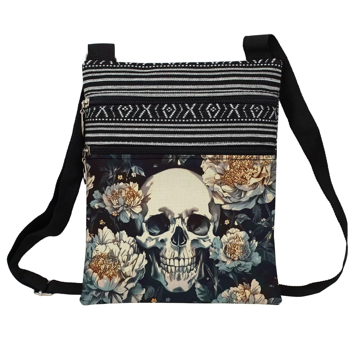 LiuenMgg Skull Messenger Bag Ethnic Pattern Printed Adjustable Strap Crossbody Zipper Pouch Gothic Present for Woman