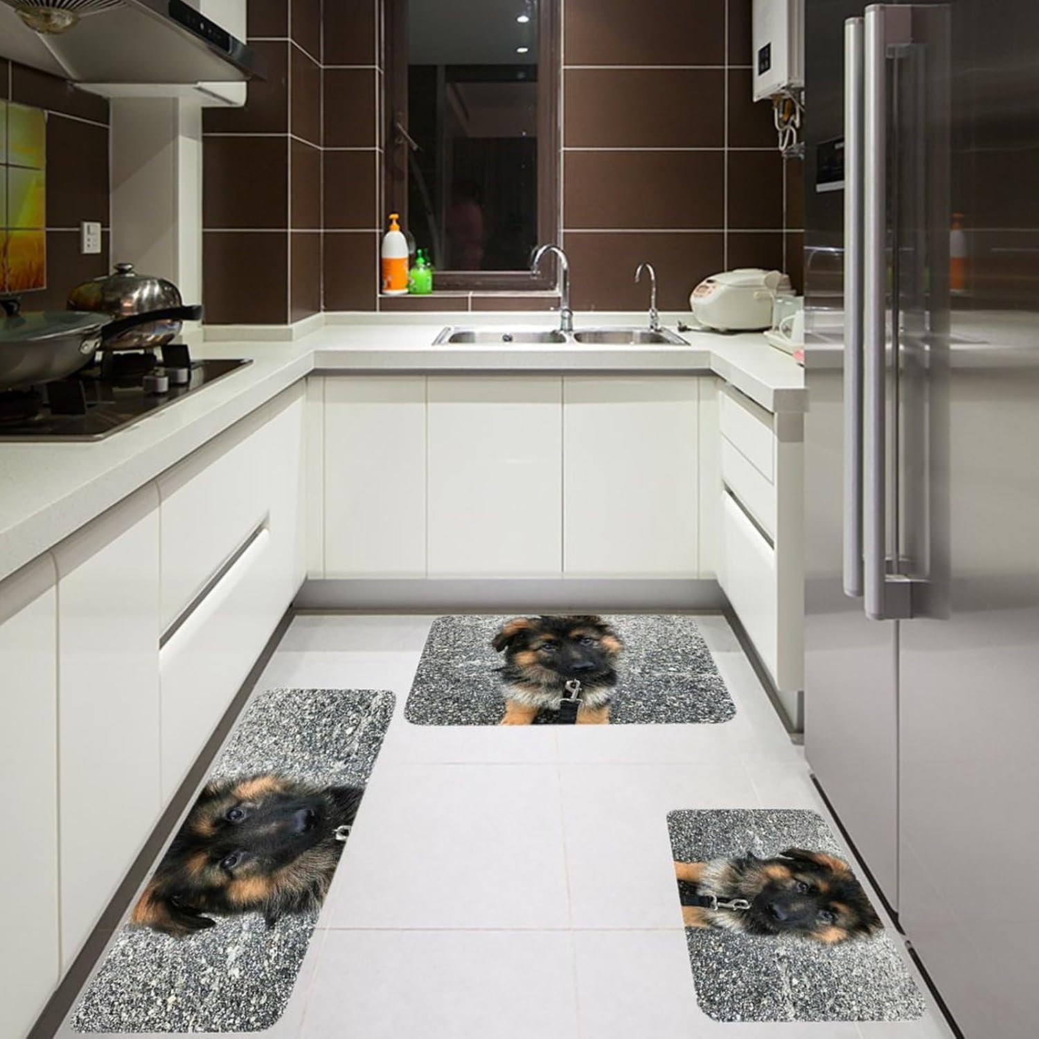 Cute German Shepherd Puppy Kitchen Mats for Floor 3 Pcs Kitchen Rugs
