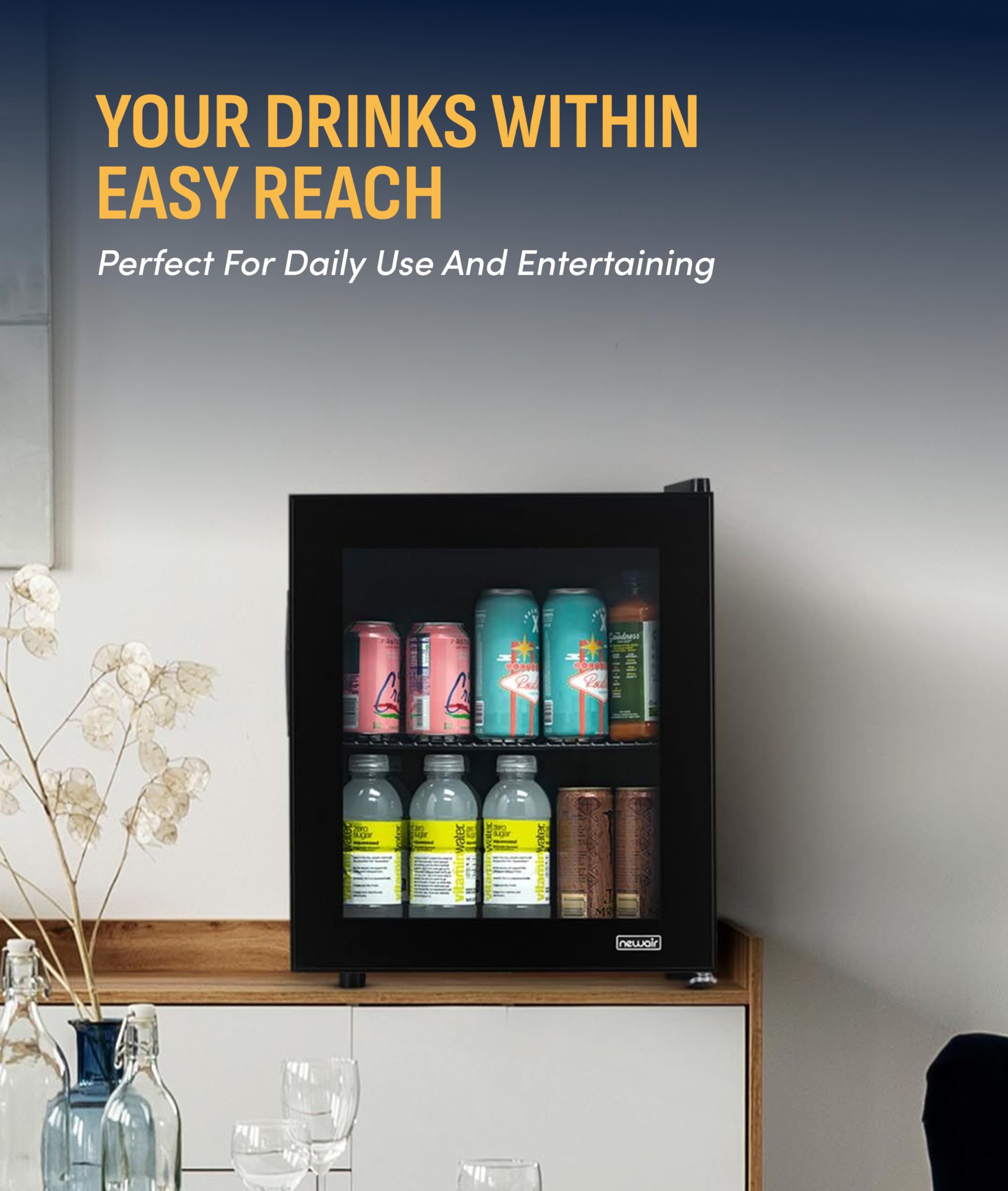 NewAir 60 Can Beverage Refrigerator | Compact Freestanding Mini Fridge For Bedroom, Dorm, Office Or Gaming Room | Glass Door, Adjustable Shelf & Quiet Cooling | Black on Fridge.com - View 3