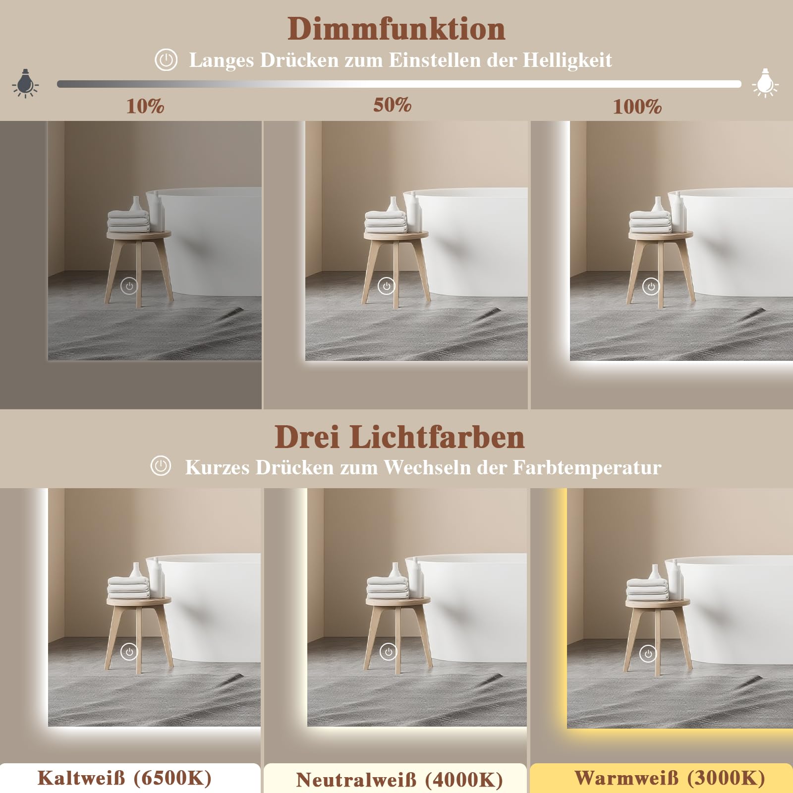 Archaluxe Badspiegel mit Beleuchtung 60x80cm Badezimmer Spiegel LED Dimmbar – Ansicht 4