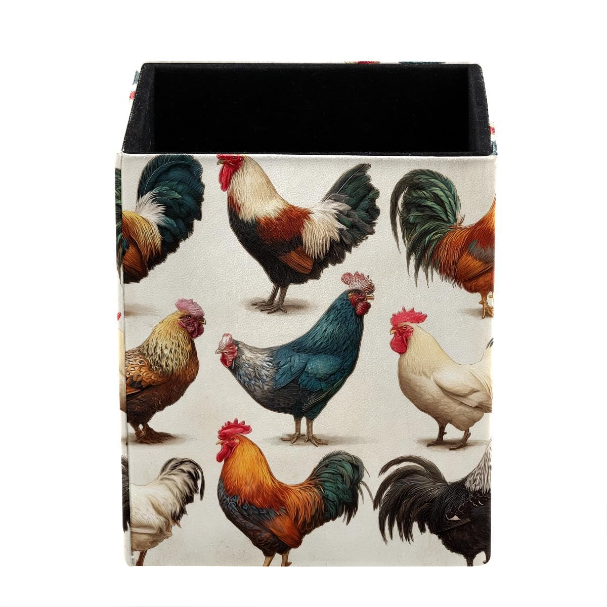 HEOEH Chicken Rooster Hen Breeds Collection Pen Holder Pen Pot, Square Pencil Cup for Desk