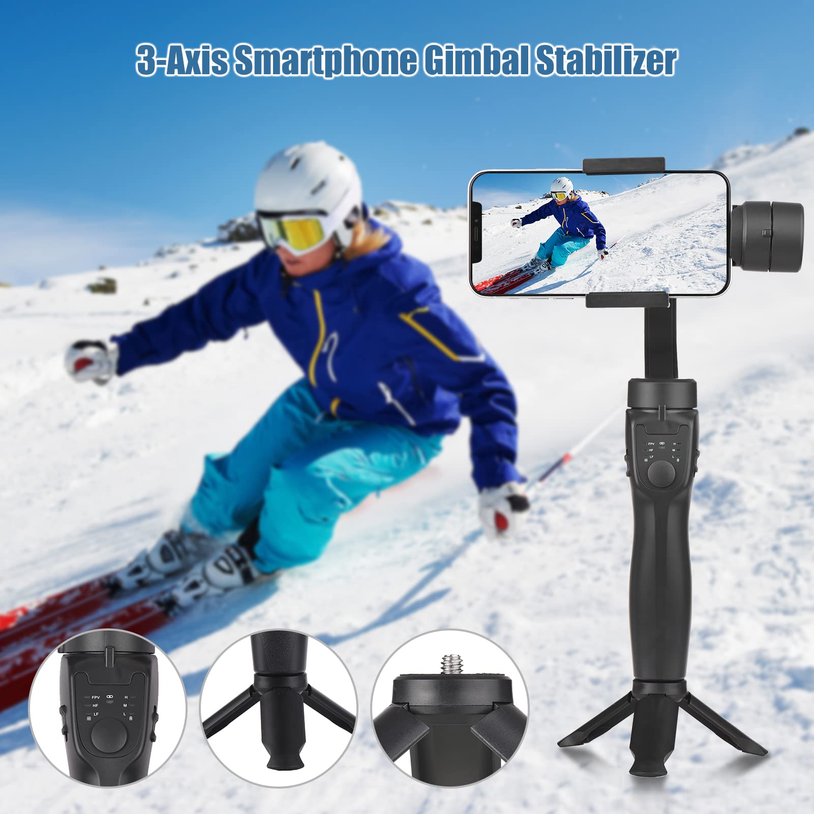 Stabilisateur portatif à 3 axes pour smartphone - Batterie intégrée anti-secousses avec trépied - Utilisation verticale horizontale - Connexion BT de remplacement pour