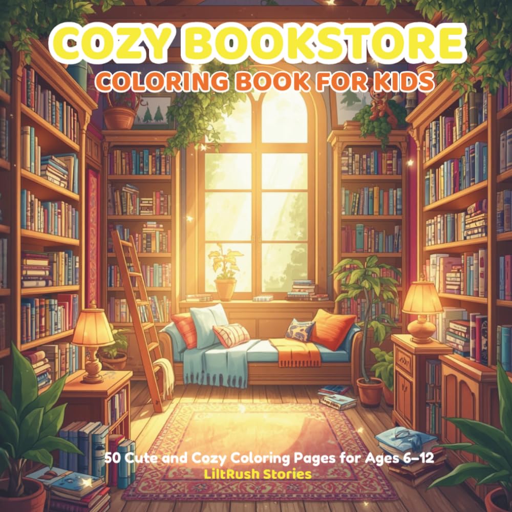 Cozy Bookstore Coloring Book for Kids: 50 Cute and Cozy Coloring Pages for Ages 6–12