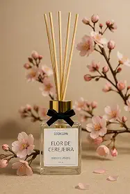 Difusor de Ambiente Varetas Premium 100ml - Aromatizador em Vidro com 5 Varetas - Essência Elegante e Duradoura para Casa, Sala, Banheiro, Lavabo, Quarto e Escritório (Flor de Cerejeira)