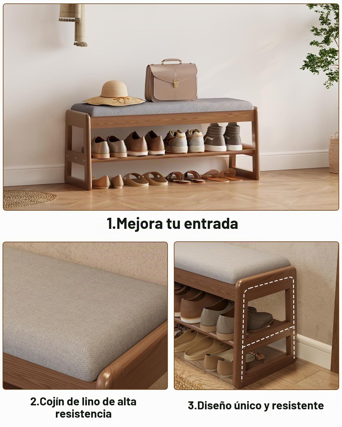 AQIMUELE Banco Zapatero cojín, 2 Niveles, Banco Zapatero con Tapa abatible, Zapatero de Madera para Entrada, Pasillo 100 cm (Nogal)