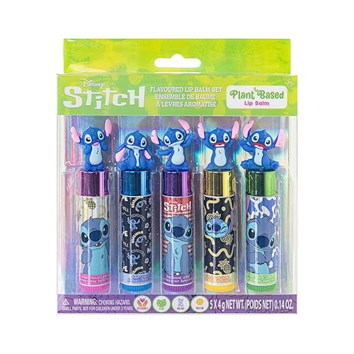 Disney Stitch - Juego de 5 piezas de bálsamo labial hidratante a base de plantas, para niñas, niños pequeños, perfecto para fiestas, fiestas de