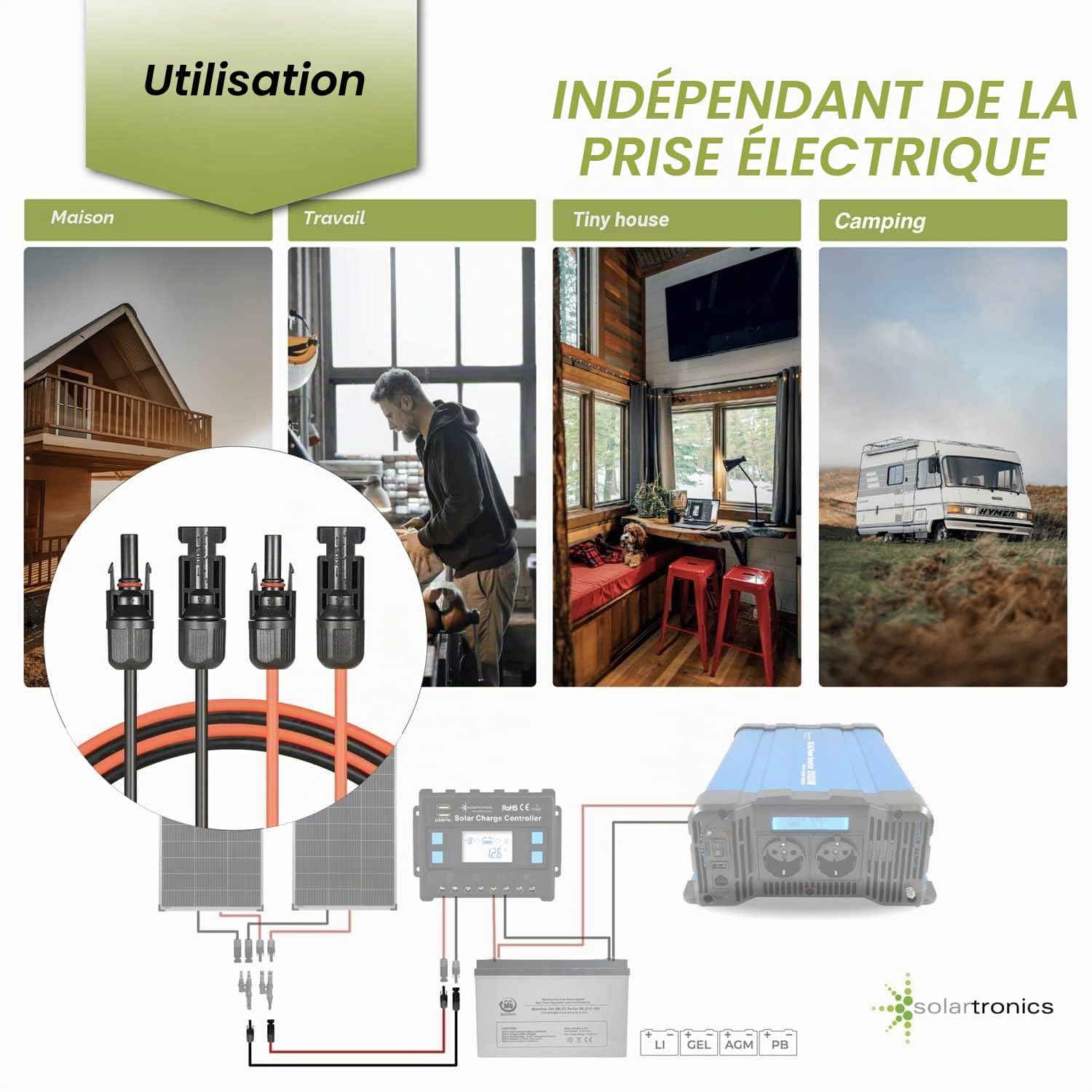 solartronics 2 paires de câbles solaires 4mm² 3 m, rouge/noir, résistant aux UV, étanche, câble de connexion solaire PV