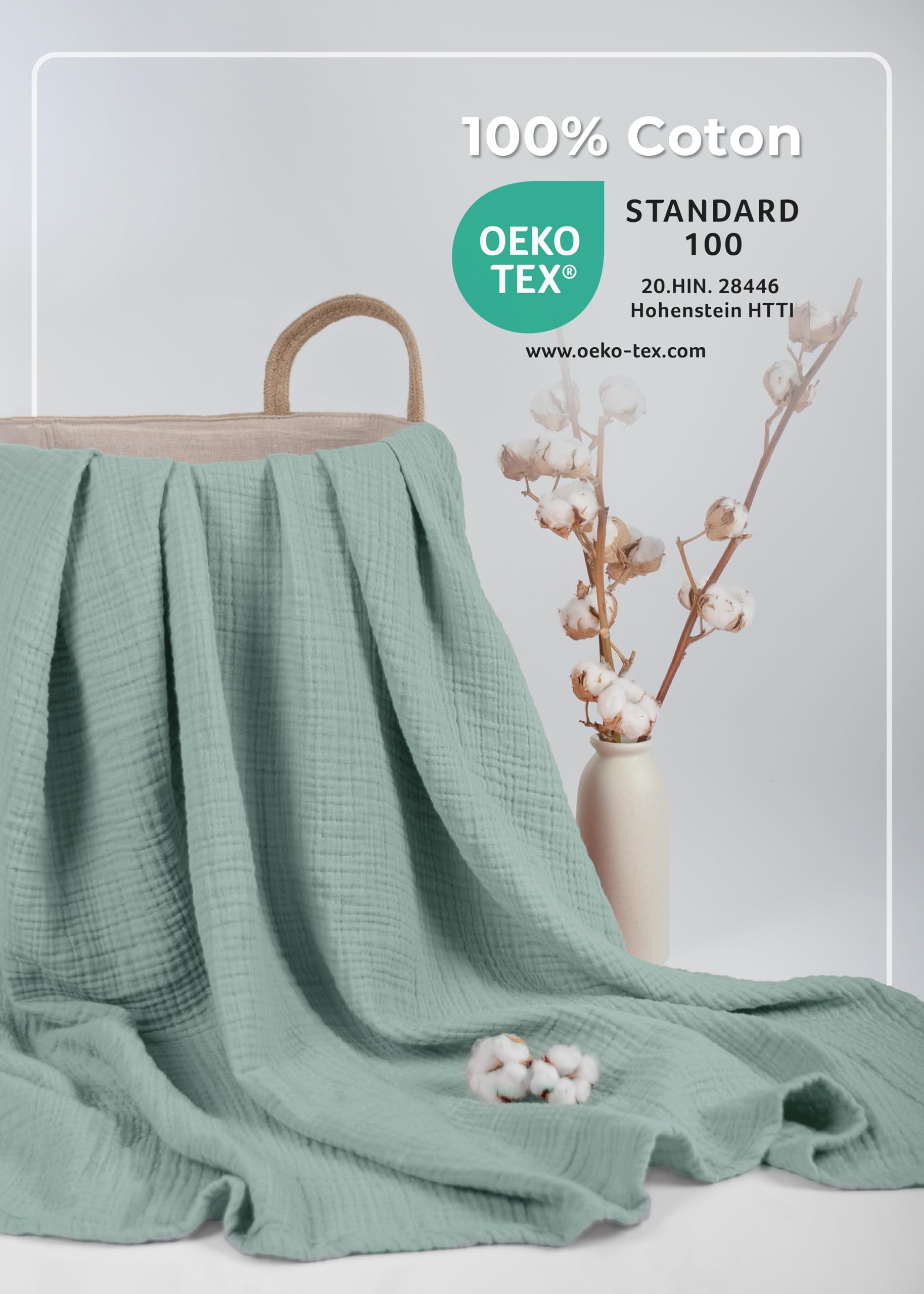 LAYNENBURG Couverture en mousseline de qualité supérieure pour bébé - 120 x 120 cm - 4 couches - 100 % coton - Certifié Oeko-TEX 100 - Couverture douillette ou couverture d'emmaillotage pour bébé