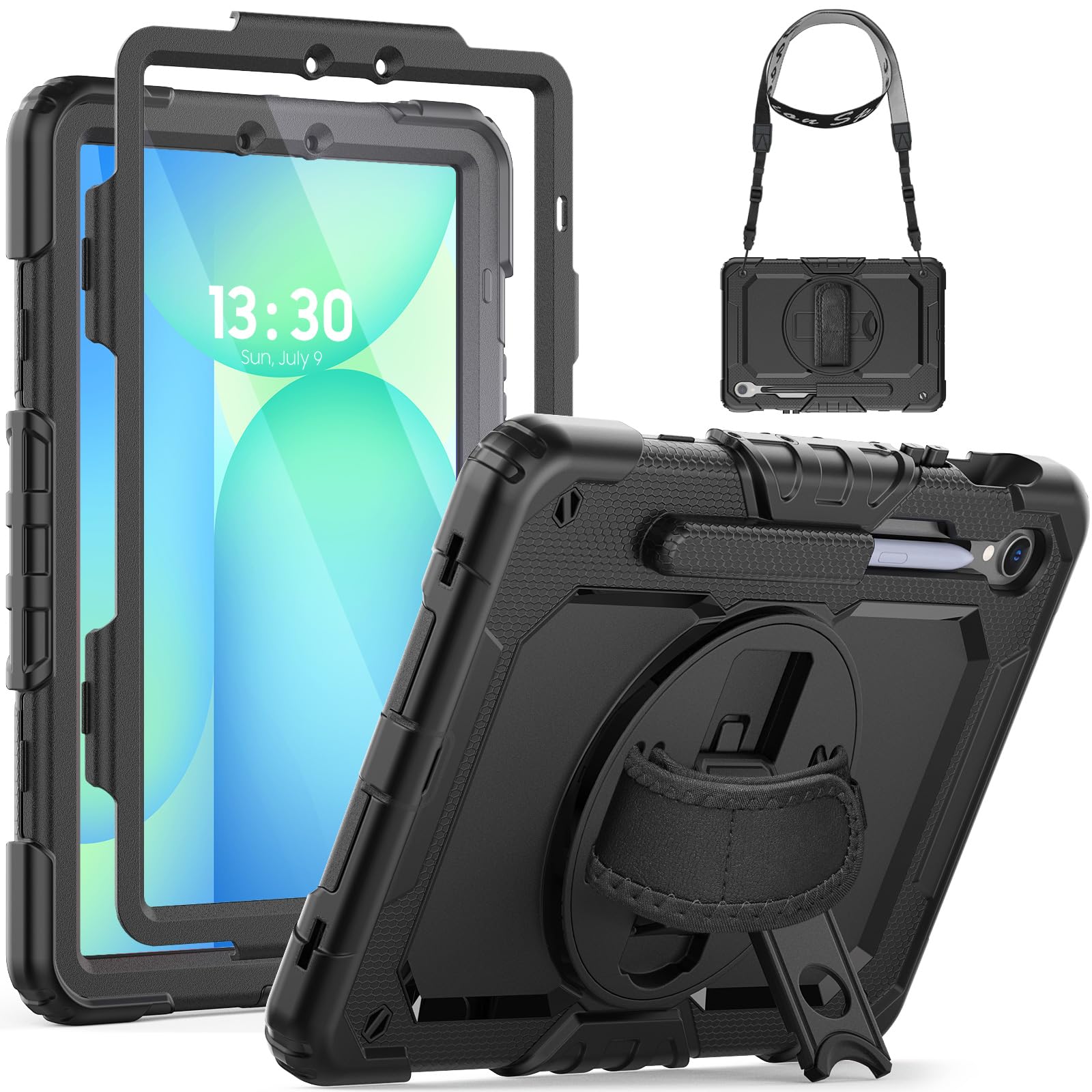 SEYMCY Case for Samsung Galaxy Tab S10 Lite / S10 FE / S9 FE 10.9 inch, Full-body Shockproof with Screen Protector, Rotating Hand Strap & Stand, Shoulder Strap for Samsung S10/S9 Fe Tablet, Black