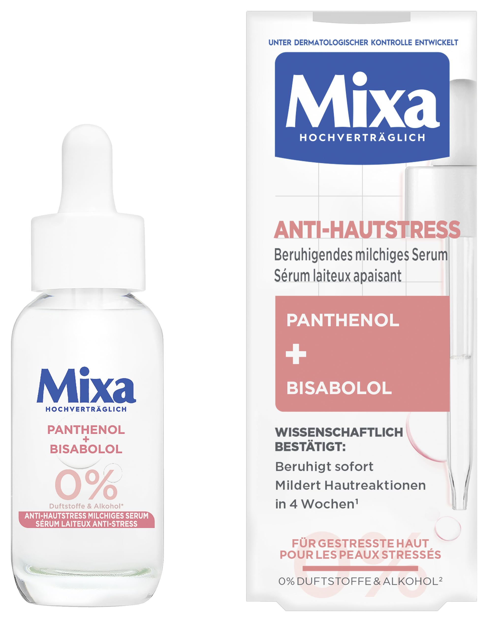 Mixa Anti-Hautstress Beruhigendes milchiges Serum – Gesichtsserum mit Panthenol & Bisabolol gegen Rötungen & Irritationen – Ultra-sanfte Pflege für gestresste Haut – Ohne Parfum & Alkohol – 30ml