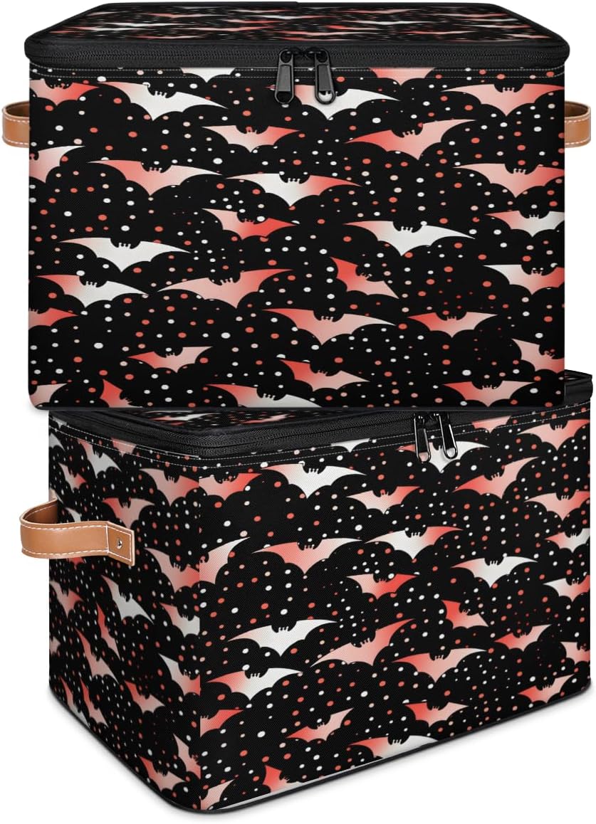 Storage Bin Set of 2 Red Bats Storage Basket with Zipper Lid & Handle Foldable Closet Shelf 2 Pack Cloth Organizer Basket Cube Bins Clothes Organizer for Bedroom, Nursery