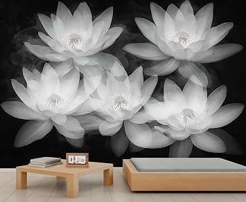 Lotus Mural, Ink and Wash Wallpaper - Black and White Home Decor, Minimalism Wall Mural, Oriental Zen Wall Murals for Living Room Bedroom Study Room Non-self-Adhesive