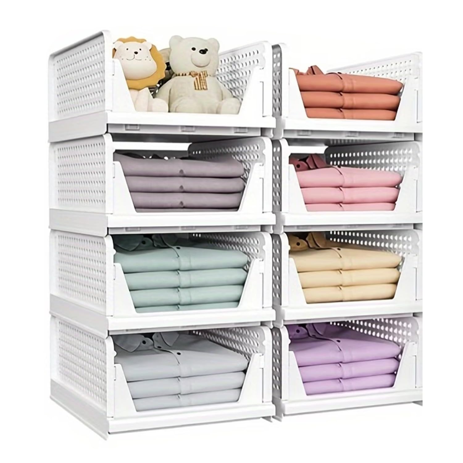Atek Silver 8 Pack Wardrobe Storage Organiser – Foldable & Stackable Plastic Storage Baskets, Space-Saving Clothes Organisers For Cupboard, Closet, Laundry, Kitchen, Bathroom & Bedroom (8)