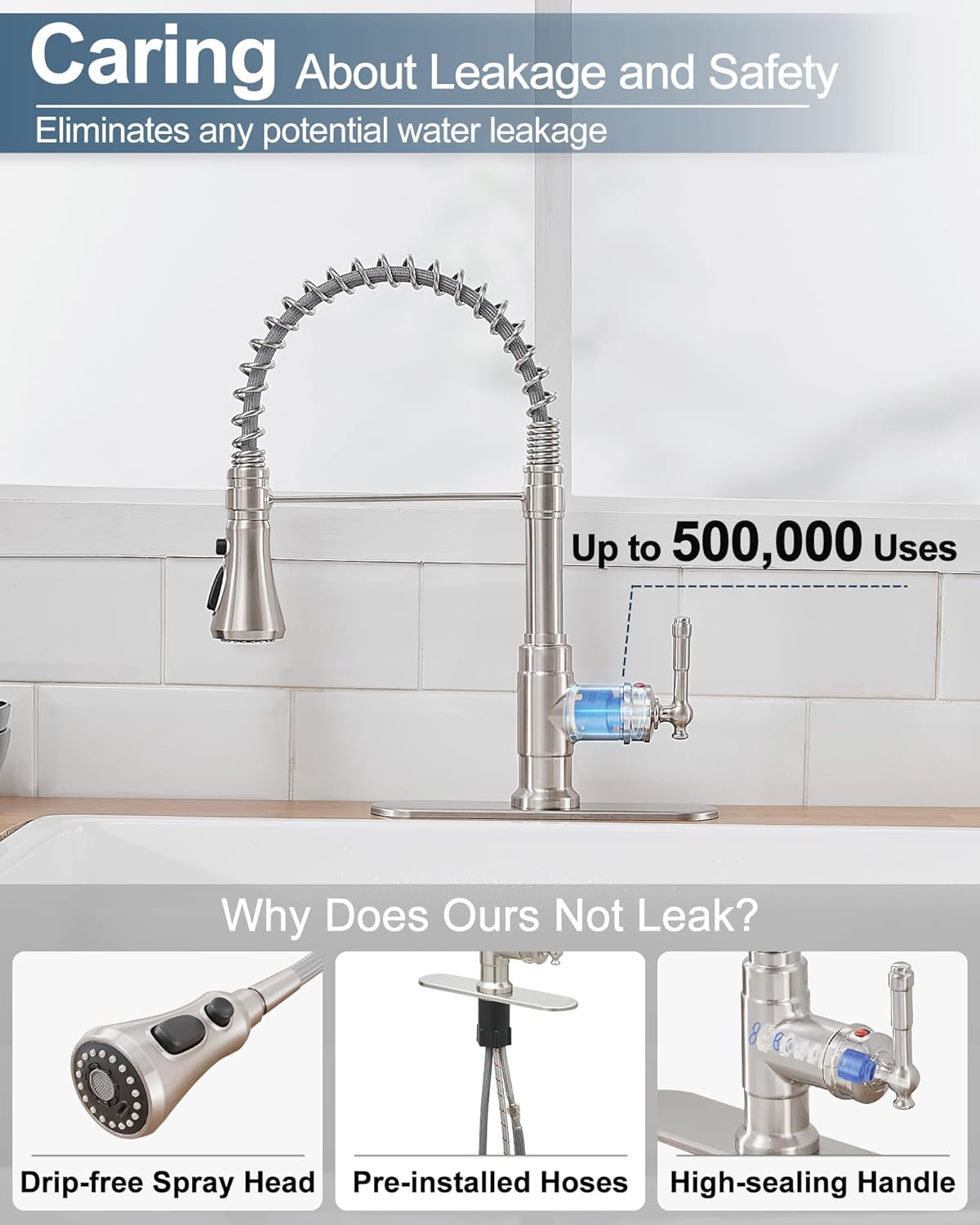 Vessel Sink Faucet Brushed Nickel, Brass Waterfall Bathroom Faucet Single Hole, 3-Modes Kitchen Faucets with Pull Down Sprayer, Spot Free Kitchen Sink Faucets with Supply Hoses