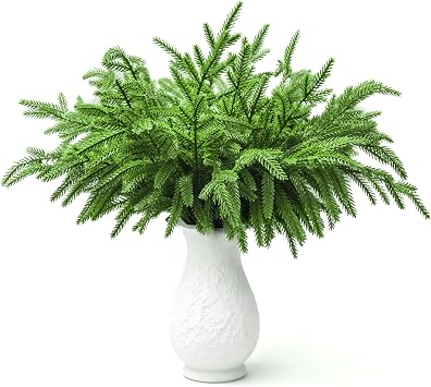 Mousterian 12 Pcs Christmas Norfolk Pine Branches Real Touch Norfolk Pine Stems For Christmas Decorations, Artificial Greenery Xmas Faux Branches For DIY Indoor Outdoor Home Decor