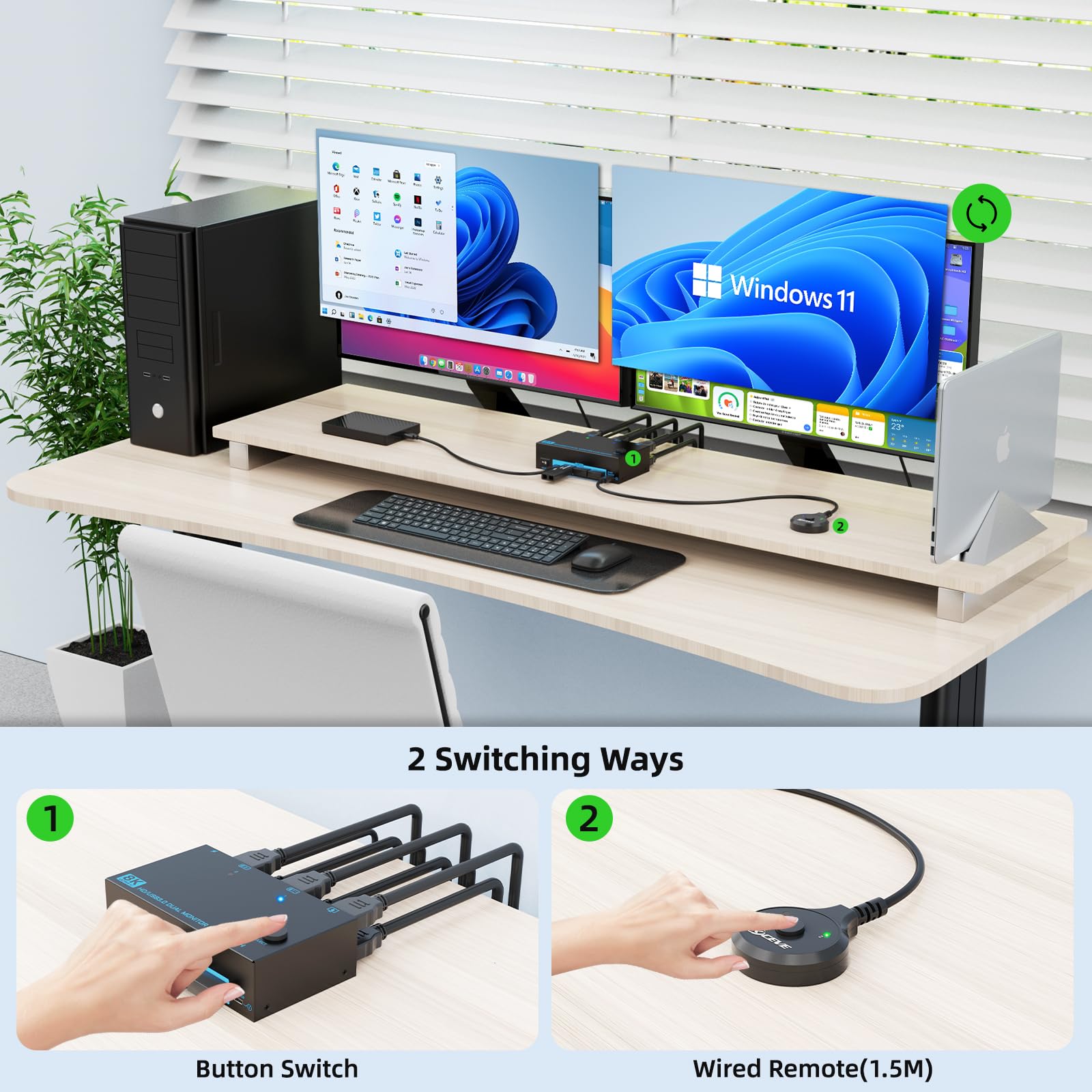 8K HDMI 2.1 KVM Switch 2 PC 2 Monitore 2 IN 2 OUT Dual Monitor KVM Switches Maximale Unterstützung 8K@60Hz/4K@144Hz, mit 4 USB 3.0-Anschlüssen kabelgebundener & Fernbedienung & 2 USB 3.0-Kabeln