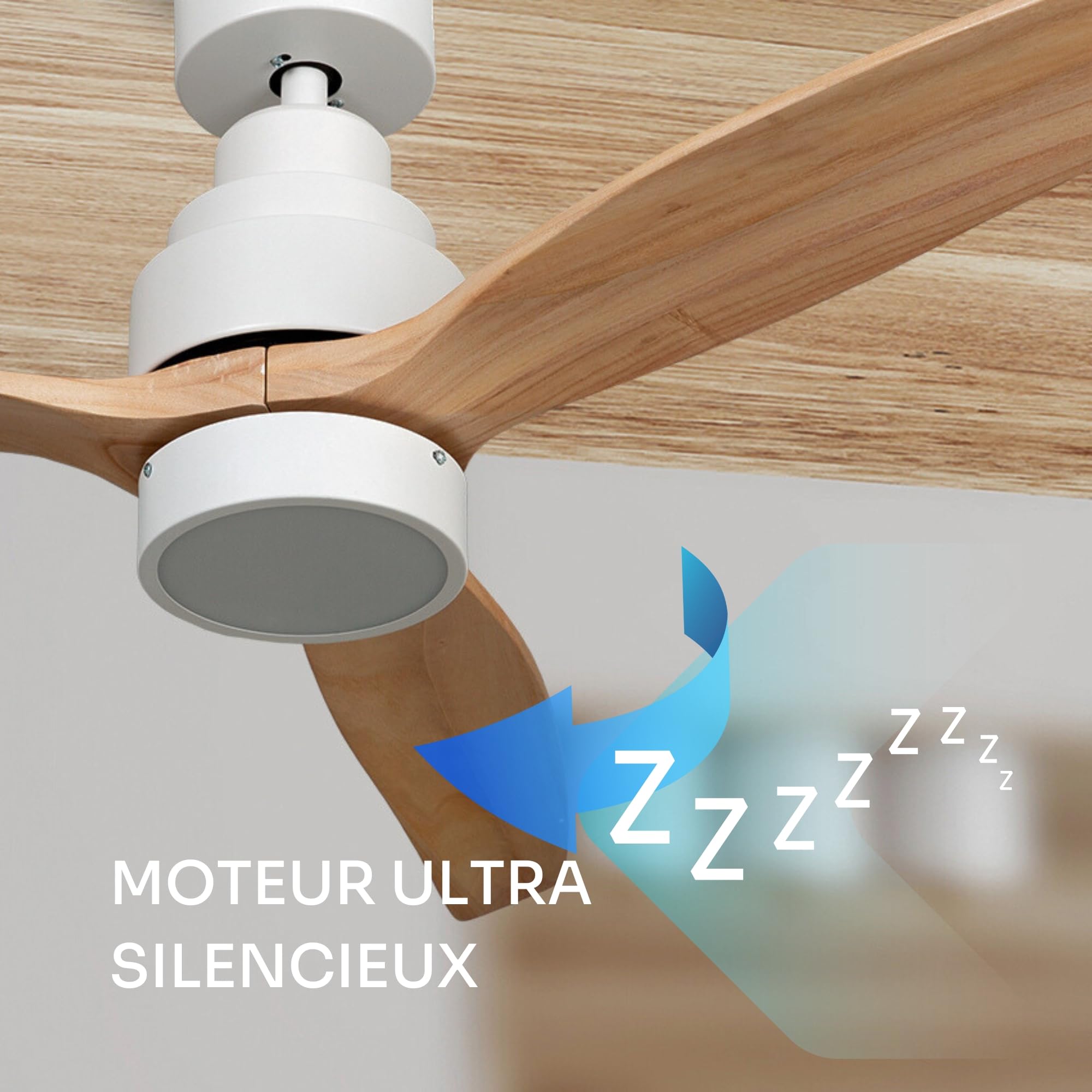 Mellerware - Ventilateur de plafond avec télécommande Brizy! Bright 45W | Lampe puissante | Ultra silencieux | 3 lames | Diamètre 132cm | 6 vitesses | Refroidissement + LED intégrée | Bois clair